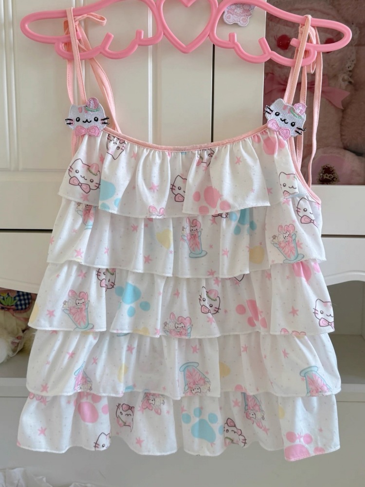 Débardeur Bandage brodé japonais Kawaii pour femmes, Y2k, esthétique, imprimé chat de dessin animé, mignon, Harajuku, Camisoles brodées à volants