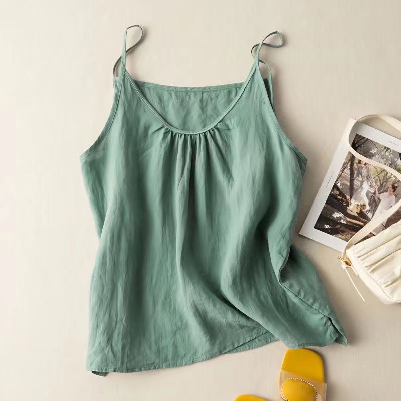 Minimalis Commute-Débardeur en pur coton pour femme, licou pour document solide, débardeur froncé rétro, camisole mince, été, nouveau