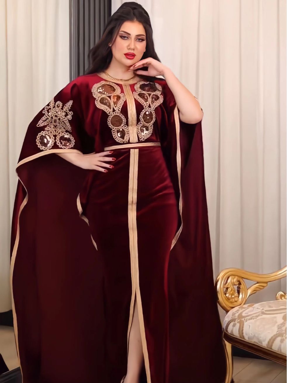 Robe longue marocaine à manches chauve-souris pour le Ramadan, mode musulmane de luxe, robe arabe du Moyen-Orient, paillettes dorées, velours, Turkiye Dubaï