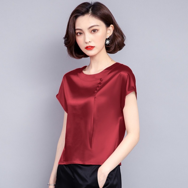 Chemisiers en mousseline de soie pour femmes, couleur unie, style soie, manches courtes, été