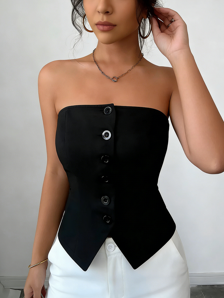 Haut corset pour femme sans bretelles, avec détails boutonnés, ourlet asymétrique, coupe ajustée et lisse, sexy, chic, extensible, pour le printemps, l'été et les soirées