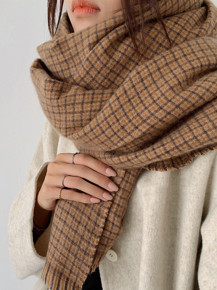 Écharpe à carreaux en cachemire unisexe, Hijab chaud, Mujer, Bufandas, châle rond, vintage, décontracté, femmes, hommes, hiver