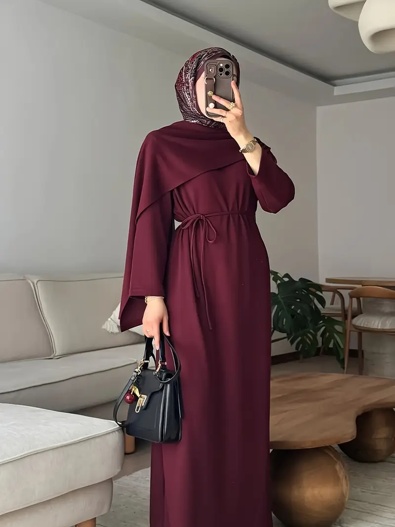 Robe longue élégante décontractée pour femmes, style musulman, couleur unie, manches longues, à lacets, jupe longue