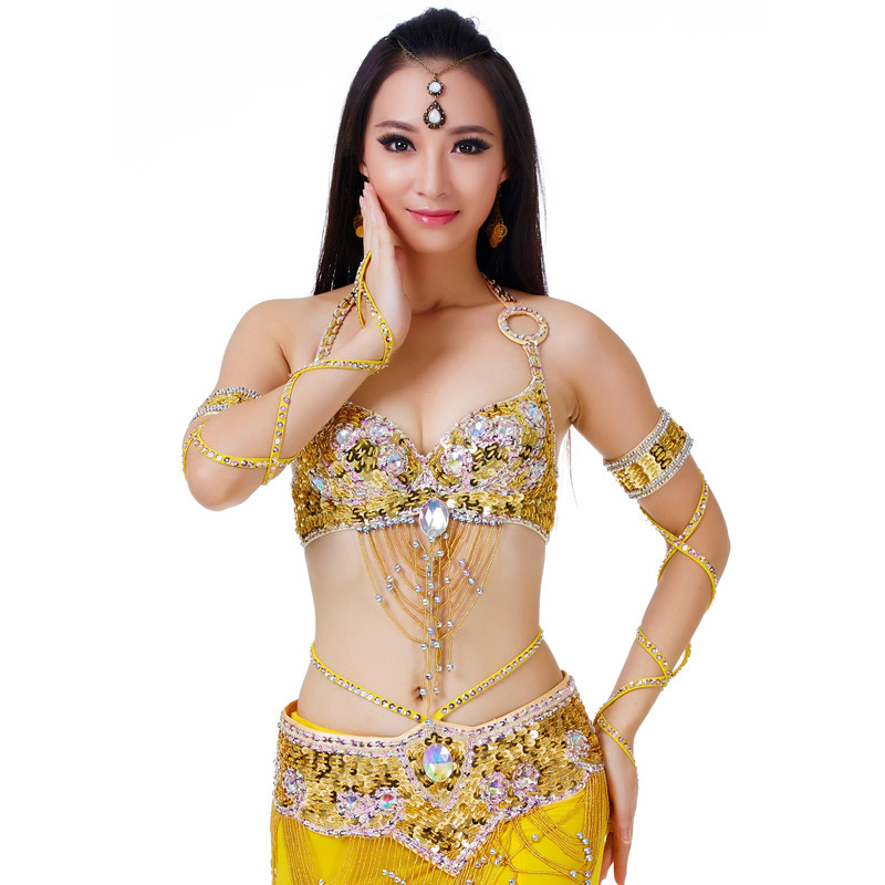 Femmes Sexy danse du ventre perlé haut soutien-gorge et ceinture 2 pièces Costume de danse du ventre tenue ensemble femme Bollytwood danse Costume 11 couleurs