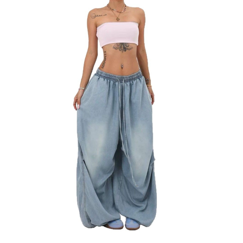 Pantalon en jean pour femme, coupe ample, taille élastique, délavage vintage, longueur intégrale, avec lacets, style Y2K streetwear décontracté, Printemps 2026