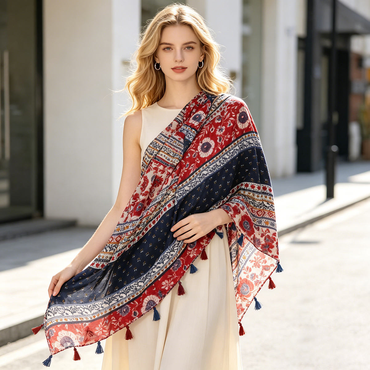 Écharpe bohème à imprimé floral pour femmes avec pompons, châle ethnique léger, 180x88cm, foulard tendance pour tenues décontractées quotidiennes