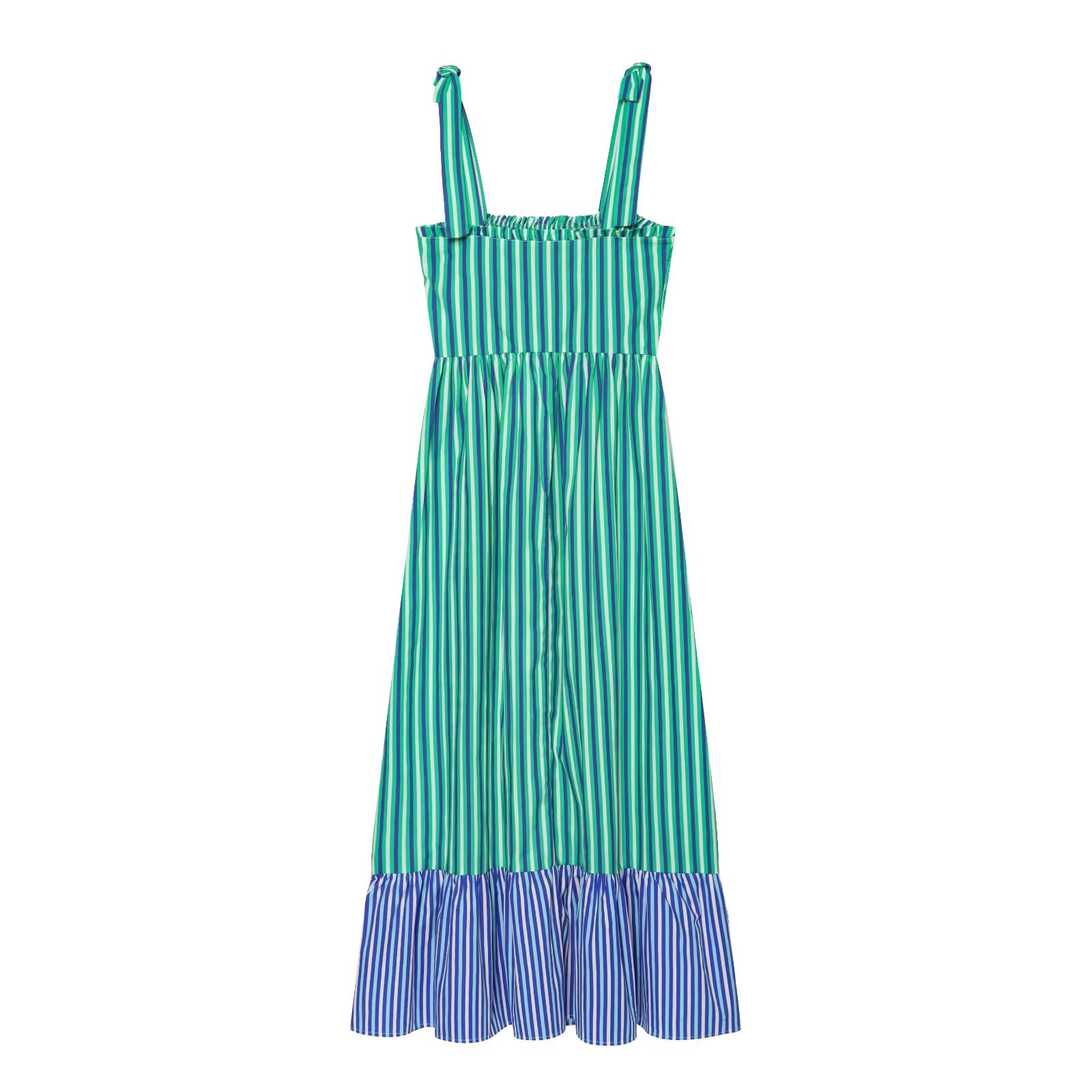 Robe midi décontractée coréenne BSAY pour femme, nouvelle collection, à rayures, avec bretelles à nouer, taille élastiquée smockée, ourlet à volants, sans manches, fluide, pour le quotidien ou la plage