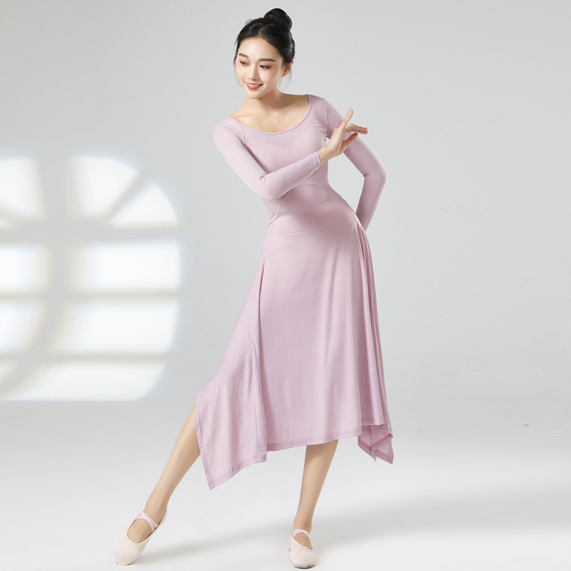 Robe longue de danse moderne pour femmes, vêtements d'entraînement en soie glacée solide, grand col en U, ourlet fendu irrégulier, Costume de culte de danseuse folklorique