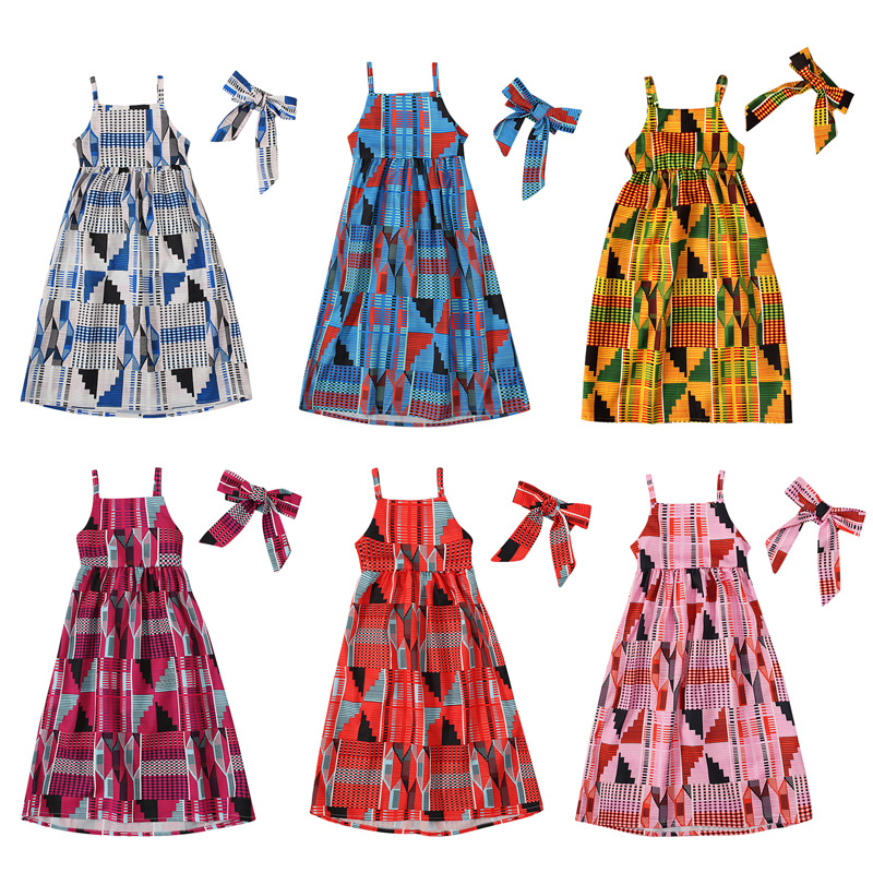 Robe africaine Kente imprimé Ankara pour enfants filles, été traditionnel Boho, col licou, épaules dénudées, sans manches, pour petit enfant en bas âge