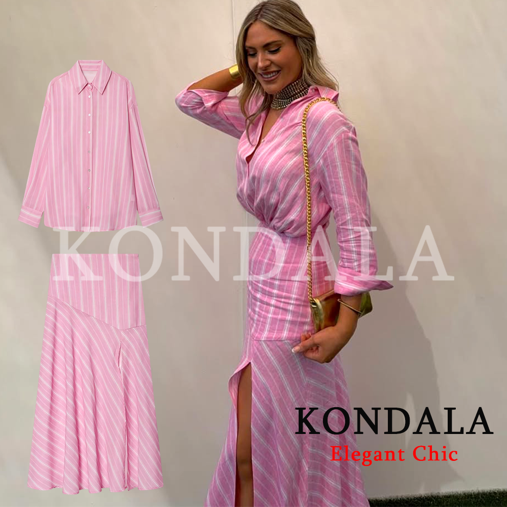 Ensemble jupe rayée tendance KONDALA pour femme, chemise rayée et jupe midi, nouvelle collection mode Printemps-Été 2026, idéal pour les remises de diplômes et les vacances