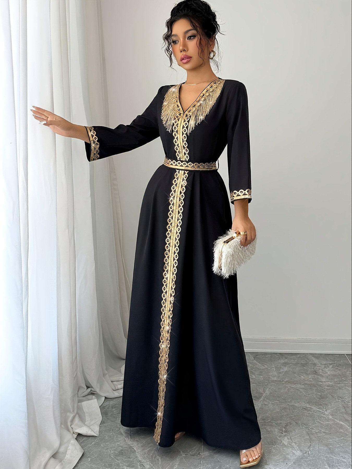 Robe Kaftan Abaya pour femme, vêtements de printemps pour femme, robe maxi élégante à col en V, manches trois quarts, polyester, coupe ample, fluide