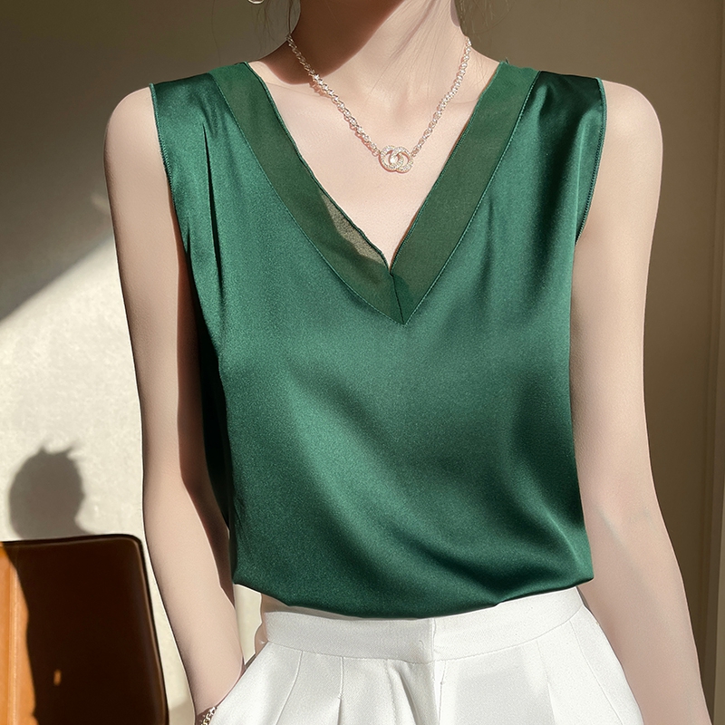 Débardeur sans manches en Satin et soie pour femme, haut à bretelles, col en V, basique, blanc, été