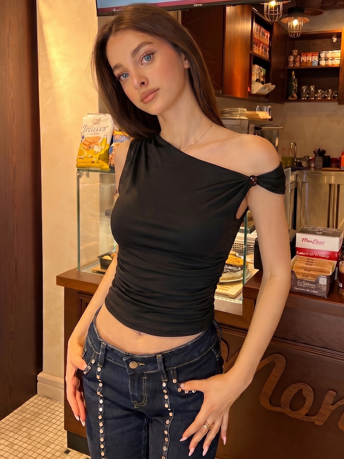 Hugcitar Fashion Débardeur court sexy à col asymétrique, drapé, uni, patchwork et orné de perles, pour femme, été, streetwear, vacances, club