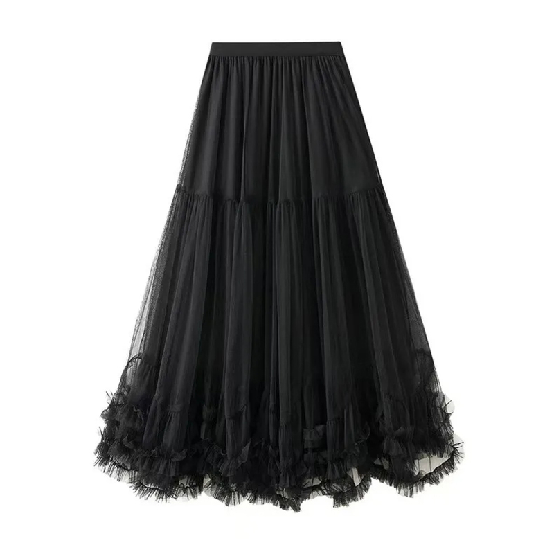 Maille taille haute jupe femmes mode coréenne Chic volants jupe élégante tout Match noir fête une ligne haute taille élastique jupe Midi