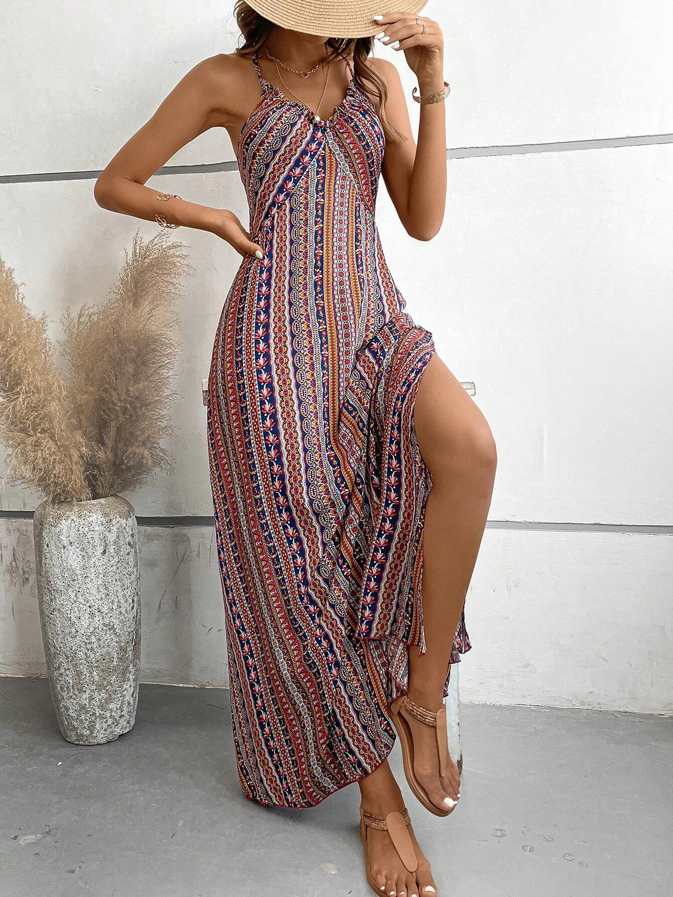 Robe longue d'été à motif ethnique pour femmes, dos nu, fendue sur les cuisses, vêtements d'été pour dames, mode Boho, garniture à volants, longue robe pour la plage