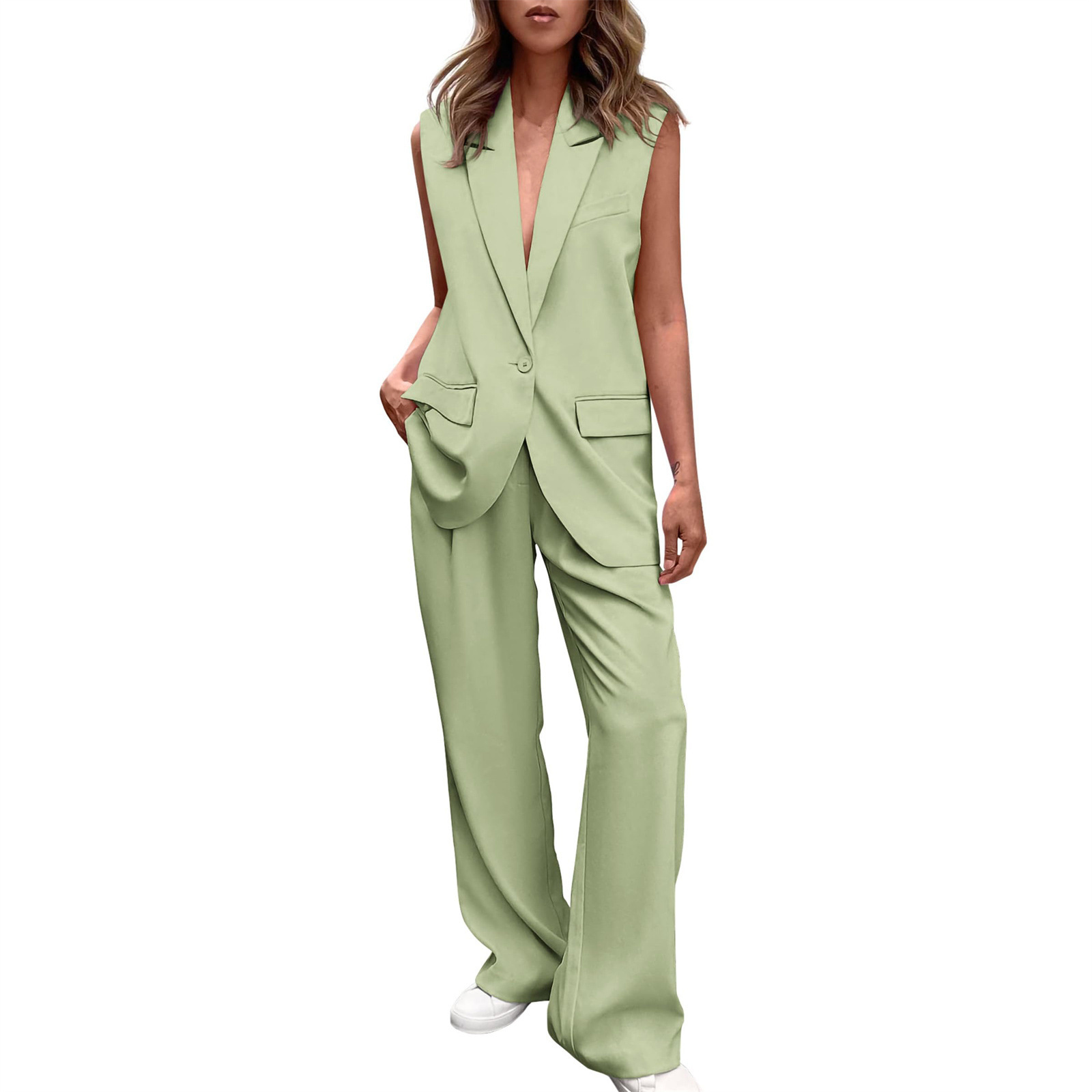 Costumes élégants pour femmes, ensemble 2 pièces, gilet et pantalon, col en v, sans manches, hauts + pantalons à jambes larges, tenues pour femmes, nouvelle collection été 2025