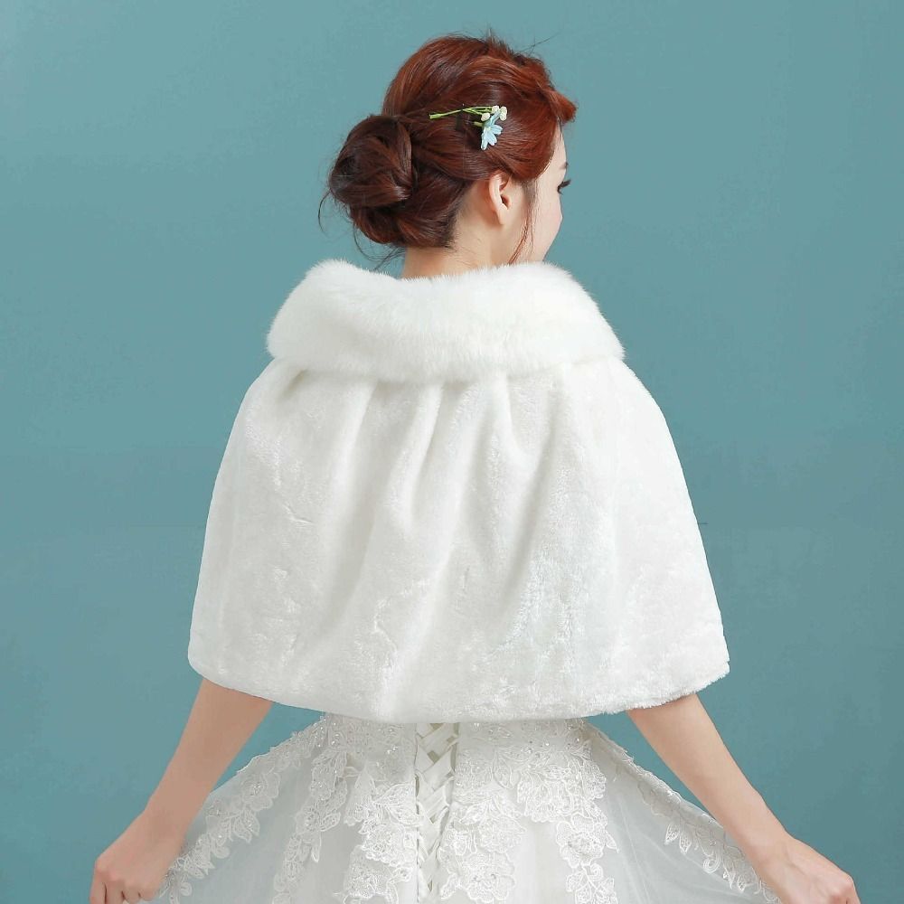 Blanc femmes hiver épaissir peluche Wrap étole coude longueur mariage mariée châle Cape veste chaude haussement d'épaules avec ruban à lacets