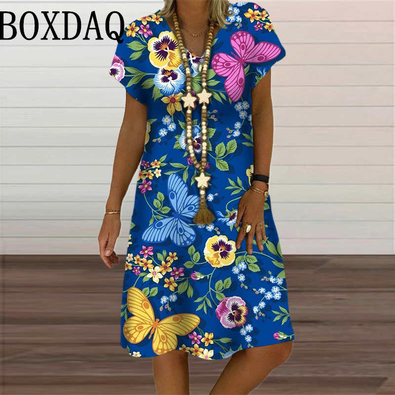 Robe à motif papillon 3D pour femmes, vêtements pour femmes, mode respirante, manches courtes, imprimé fleuri, robes décontractées à col en V, été, 2024