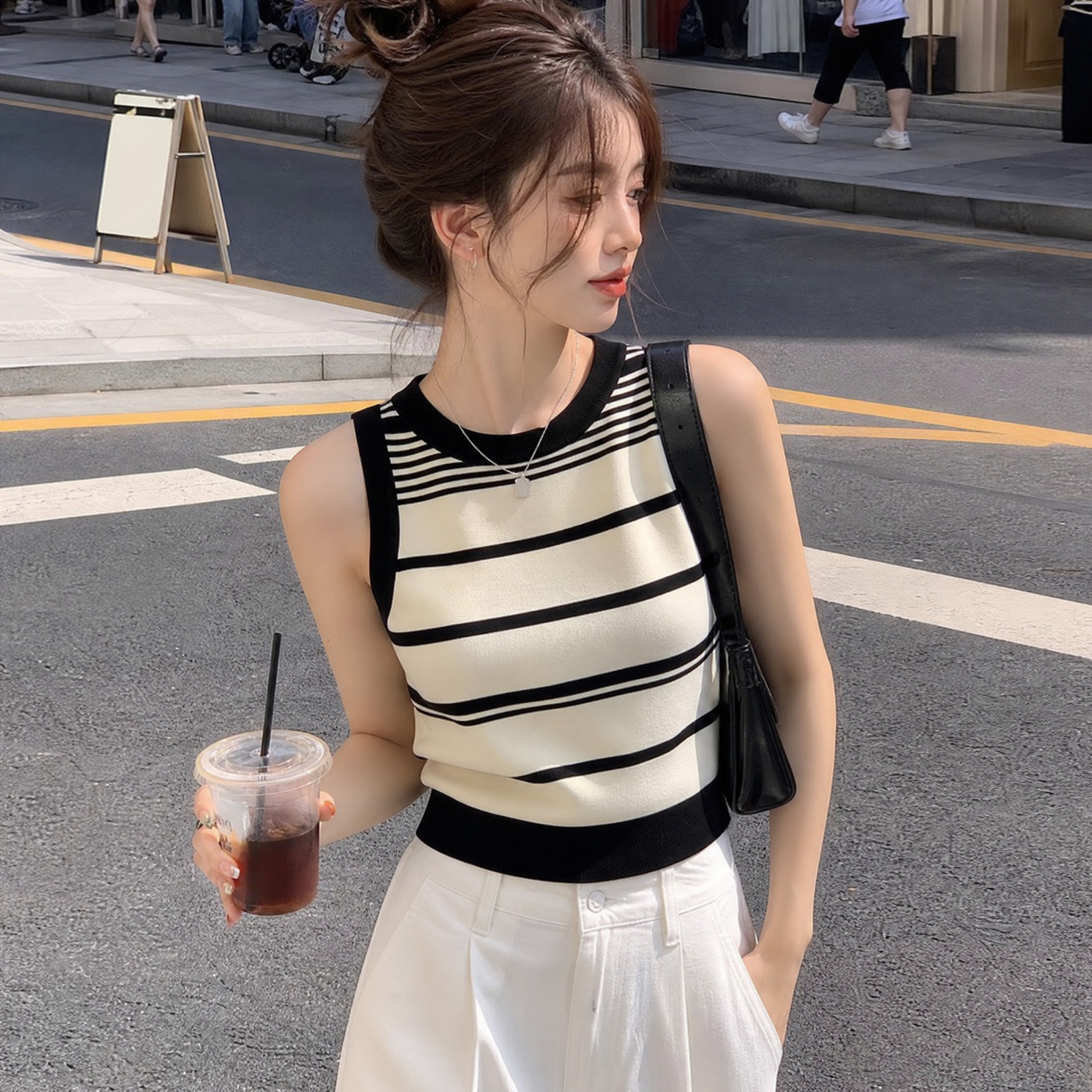 Nouveau T-shirt court en tricot rayé pour femme, style fille, gilet mode coréenne, vêtements vintage mignons, mode estivale