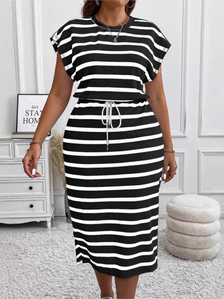 Robe d'été décontractée à manches courtes pour femmes, imprimé rayé, mode, taille cintrée, t-shirt à lacets, robes de sport féminines, 2025