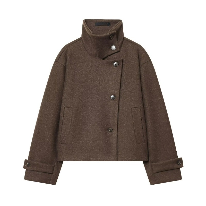 Manteau d'automne à col montant pour femme, élégant, à manches longues, simple boutonnage, style français, couleur unie, vêtement d'extérieur tendance