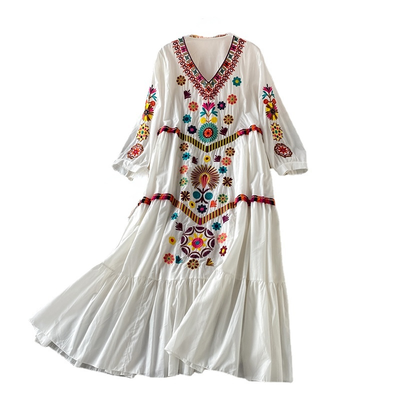 Robe de plage Vintage pour femmes, broderie florale, manches courtes, col en v, en coton et lin, style Boho, été