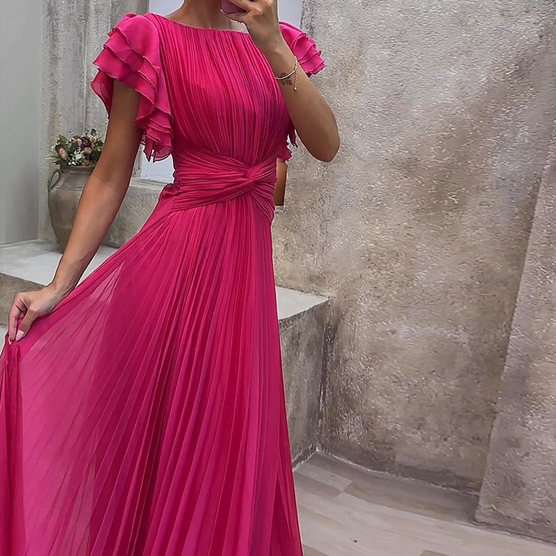 Robe de soirée élégante pour invitées de mariage, longue, coupe trapèze, à manches courtes, plissée, épaules dénudées, maxi, rose fuchsia uni