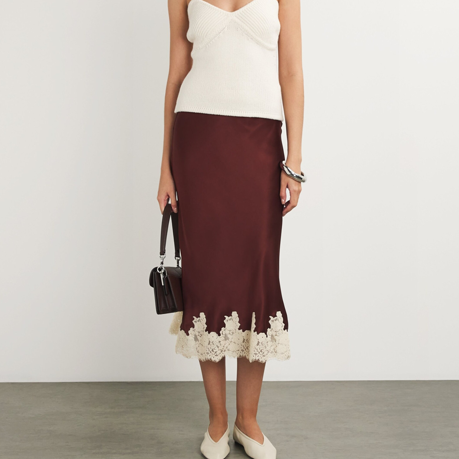 Femmes soie Satin demi-glissement jupes longues dentelle Patchwork taille élastique jupe longue élégante soyeuse fluide une ligne jupes mi-longues