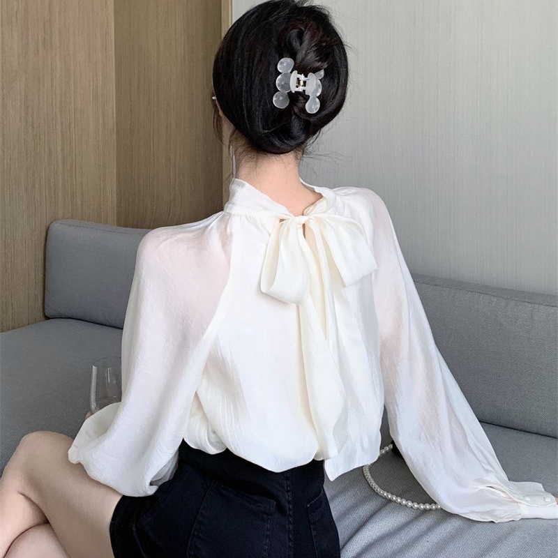 Chemisier à manches longues vintage pour femmes, chemises françaises pour femmes, nœud élégant, bureau, dames, nouvelle mode, chic, solide, femme, printemps, automne