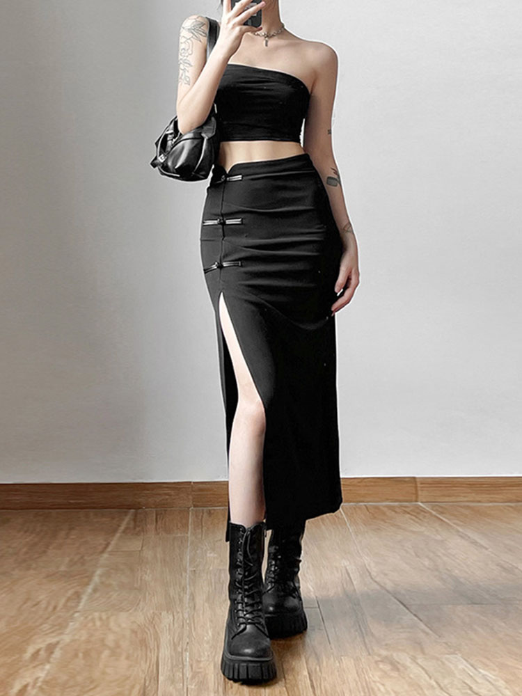 Jupe noire Sexy fendue, Simple, décontractée, assortie avec tout, pour sortie de rue, Cool, Mature, vitalité, personnalité, tendance, jupe basique pour femmes