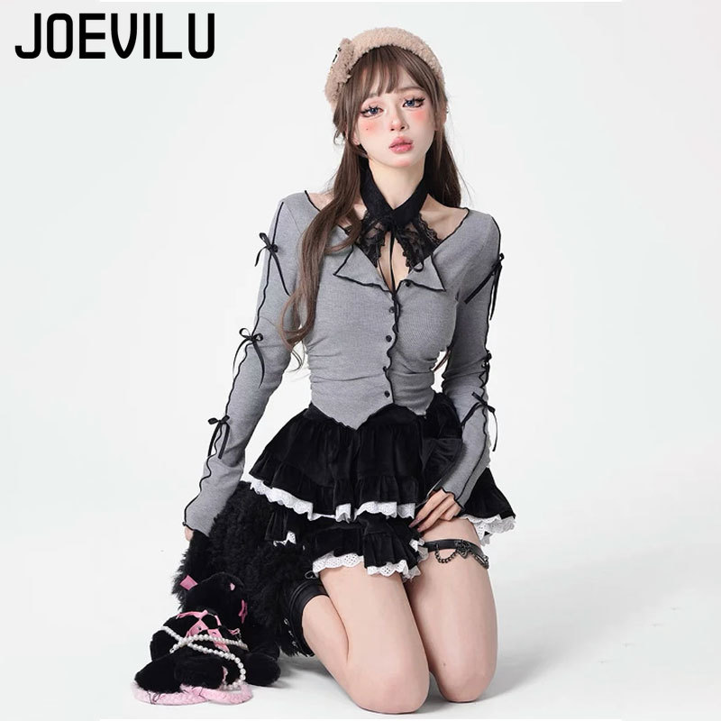 Gothic Skirt Set Bow Tie Tied Top Ballet Style Skirt 2 Piece Sets Lace Corduroy Mini Cake Layered Skirt Women Outfits Y2k Suit