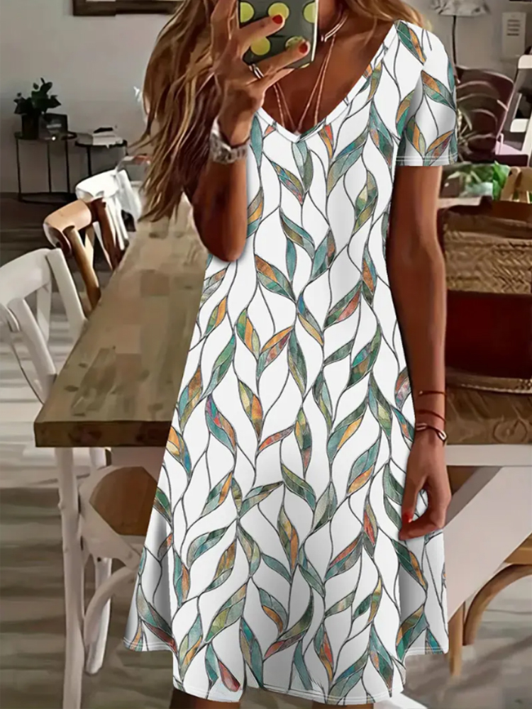 Robe courte imprimée décontractée pour femmes, élégante et rétro, col en v, manches courtes, droite, longueur aux genoux, été