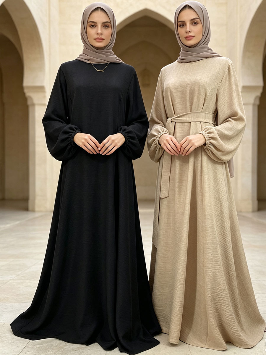 Robe Abaya musulmane pour femmes, robe maxi à manches longues bouffantes avec ceinture, robe de prière islamique modeste, kaftan, tenue pour l'Aïd et le Ramadan
