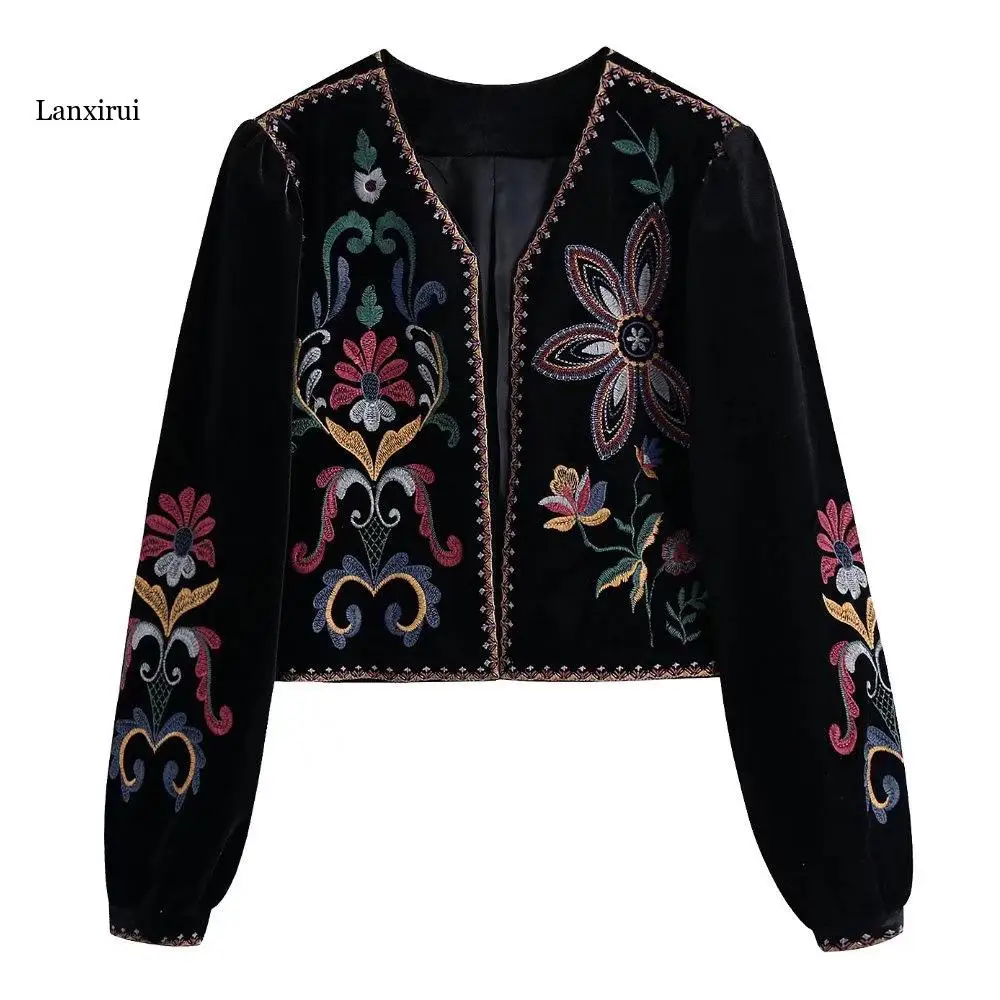 Femmes mode contraste broderie velours culture ouvert Blazer manteau Vintage à manches longues vêtements de dessus pour femmes Chic Veste Femme