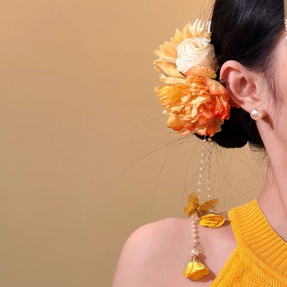 Accessoires de cheveux Hanfu élégants avec pompon, style ancien coloré, style chinois, pince à cheveux latérale, accessoires de tête, épingle à cheveux fleurie pour femmes