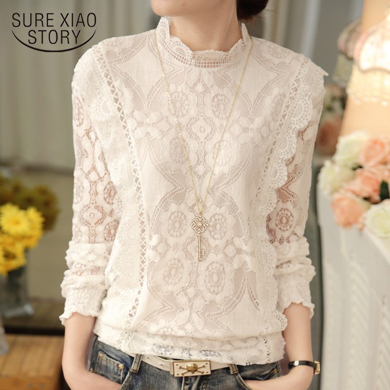 Nouveauté 2025 automne femmes Blouses à manches longues mode chemises en mousseline de soie décontractées Stand Blouses en dentelle florale décontracté hauts 07F 25