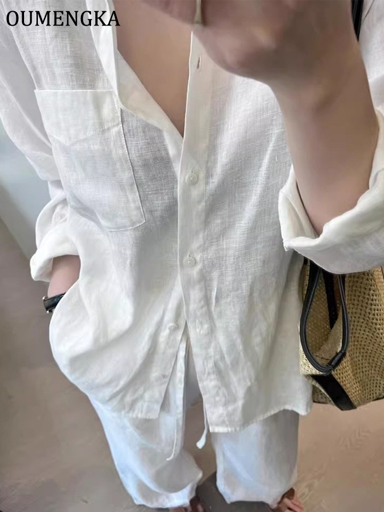 Chemisier ample minimaliste pour femme, en coton et lin fin, blanc, à manches longues, col rabattu, facile à porter, idéal pour l'été