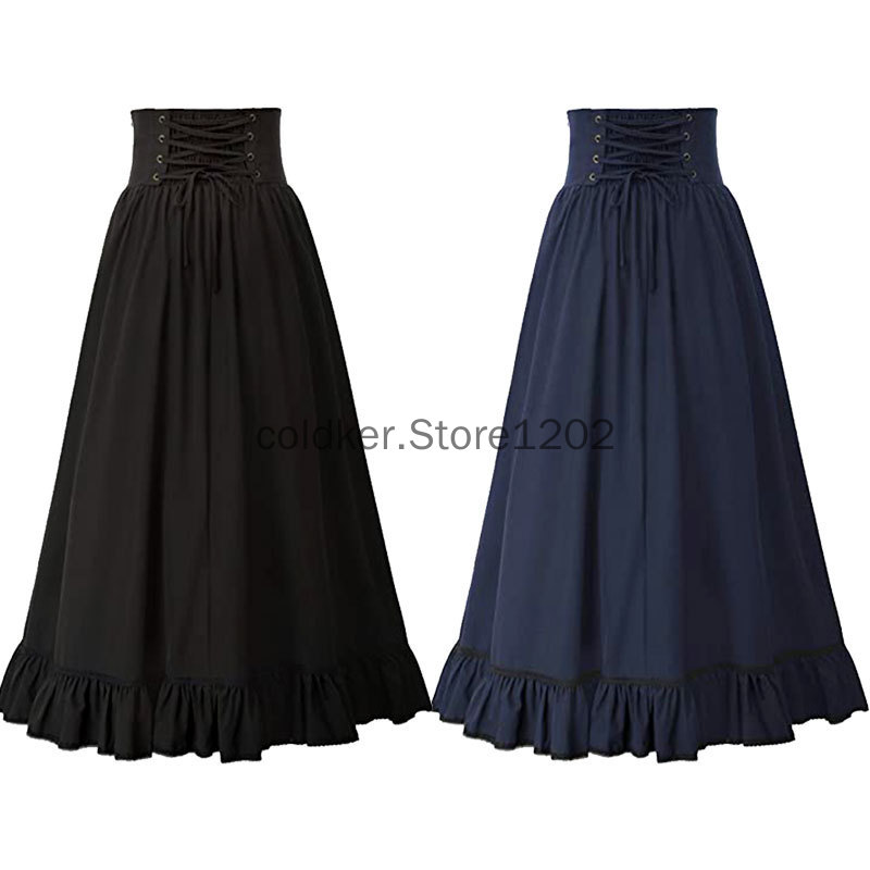 Jupe longue victorienne taille haute pour femme, ourlet à volants gothique, jupe maxi trapèze, jupes de fête plissées, été médiéval, InX4, Steampunk