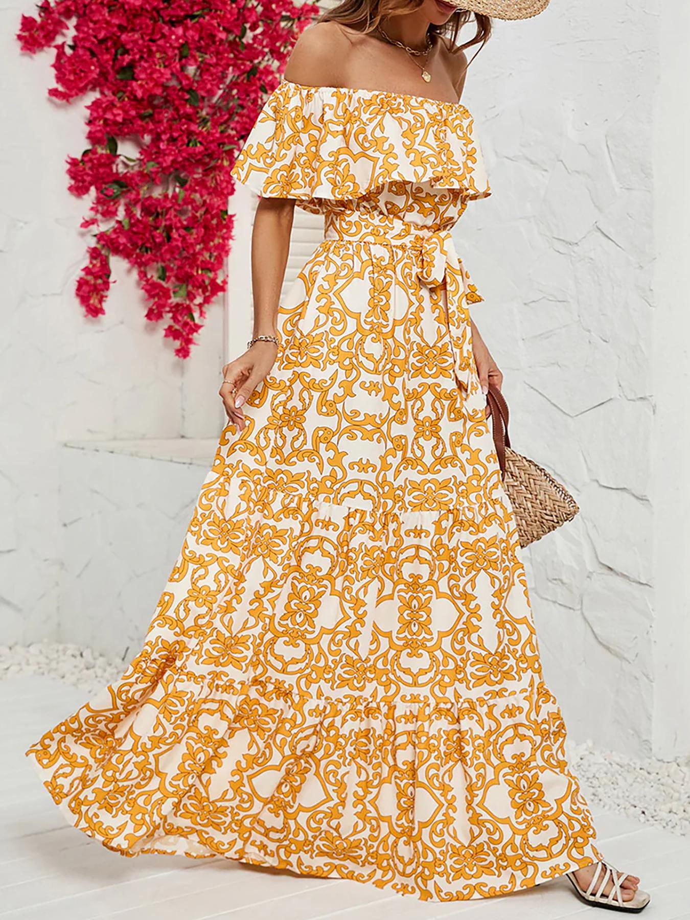 Robe longue décontractée à imprimé floral pour femmes, coupe trapèze, avec ceinture et poches, adaptée à toutes les saisons