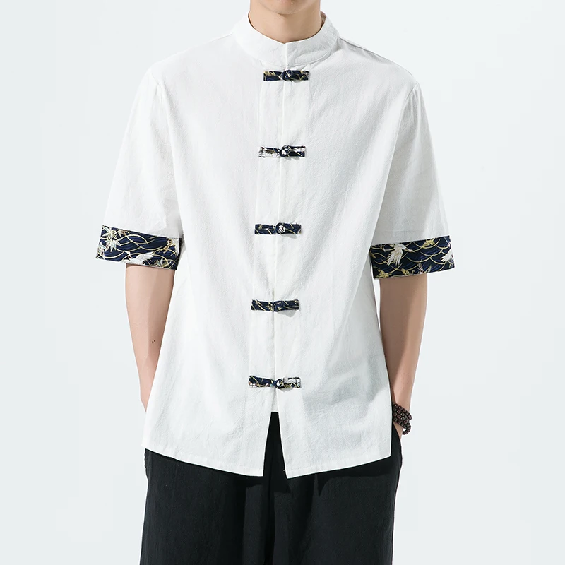 Chemise Kimono japonaise pour hommes, rétro chinois, imprimé décontracté, coton et lin, couture, hauts à manches courtes, haut d'été de qualité, Streetwear pour hommes