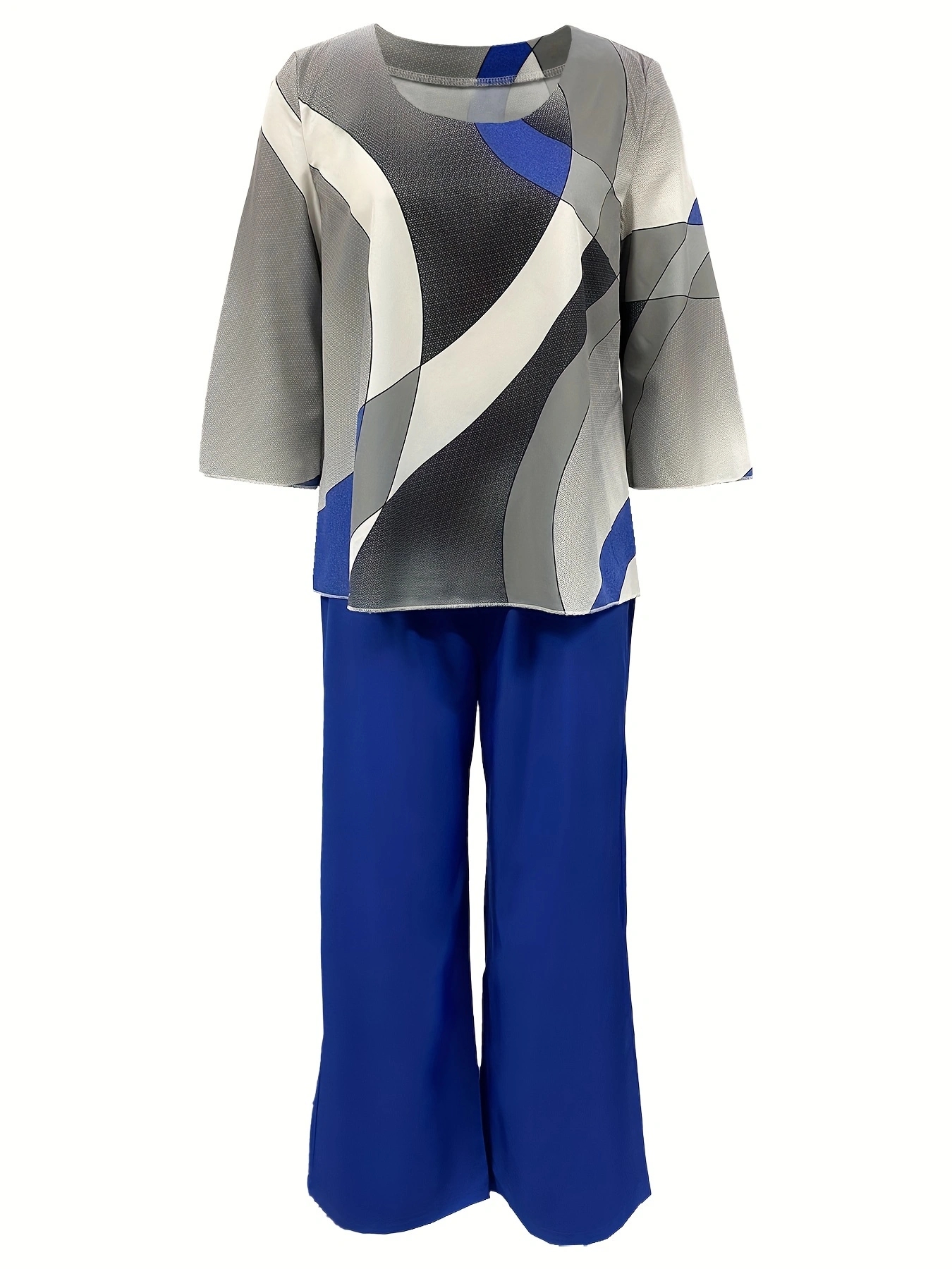 Ensemble haut et pantalon à col rond pour femme, chemise imprimée à demi-manches, pantalon long, jambe large, document solide, vêtements féminins à la mode, printemps