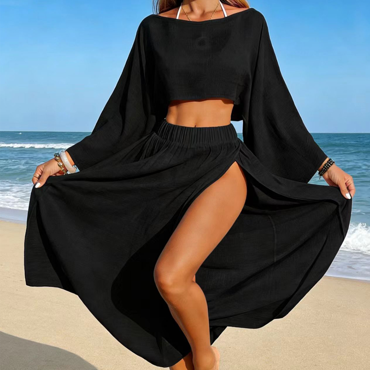 Ensemble haut court décontracté et jupe fendue, tenue de plage légère et transparente pour les vacances d'été, maillot de bain deux pièces pour femme