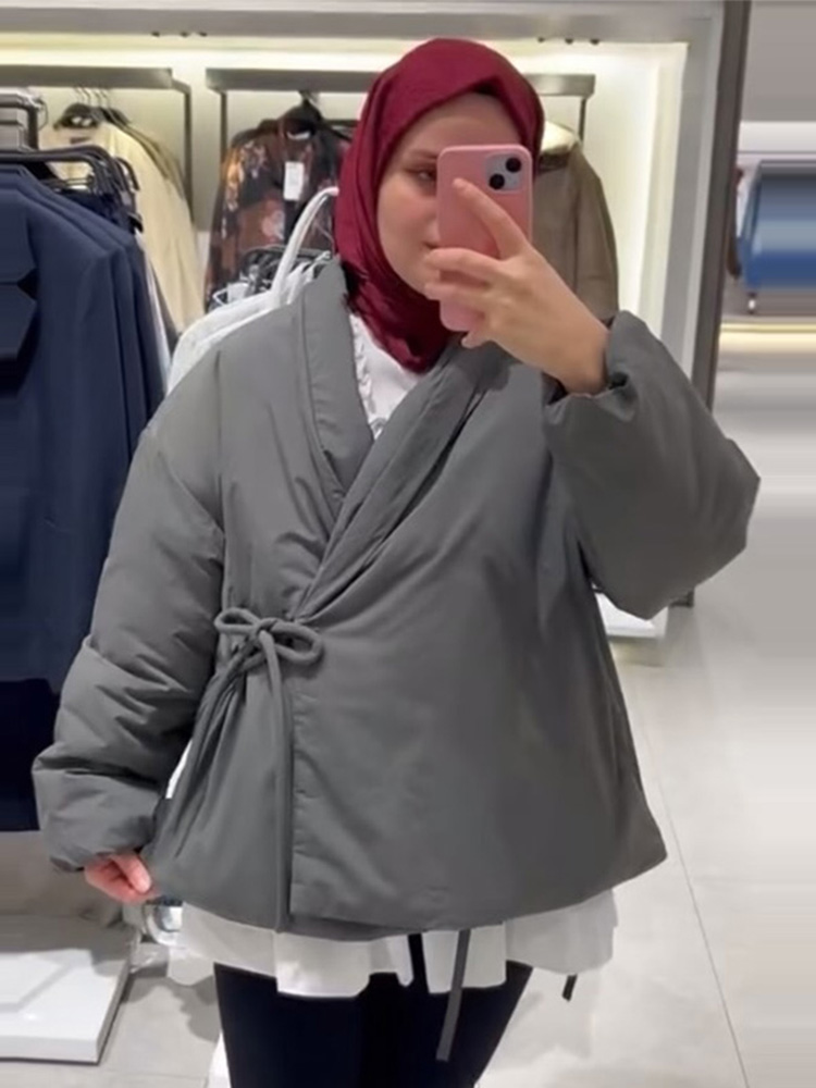 Manteau en coton à lacets gris décontracté pour femmes, col en V, poche de luxe, vestes optiques, rue chic féminine, vêtements d'extérieur assortis, automne, 2024