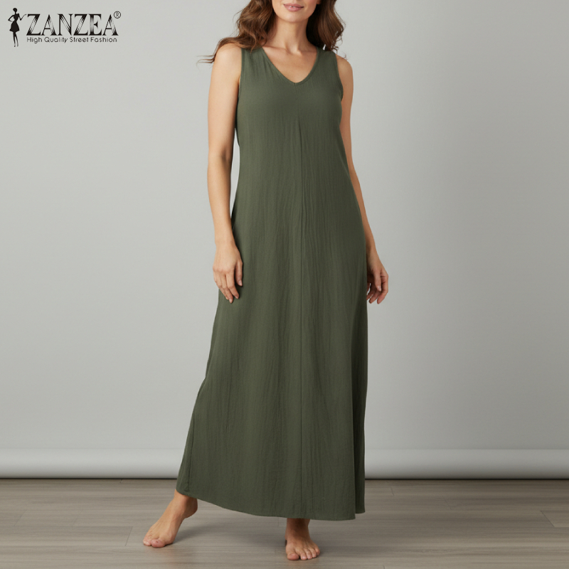 ZANZEA Robes amples en coton pour femmes, grande taille 5XL, décontractées, sans manches, col en V, couleur unie, style A-line, pour l'été et la plage