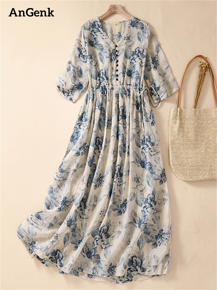 Robes longues vintage imprimées à manches courtes pour femmes – Nouvelle collection été 2026 – Robe décontractée ample et élégante pour femme
