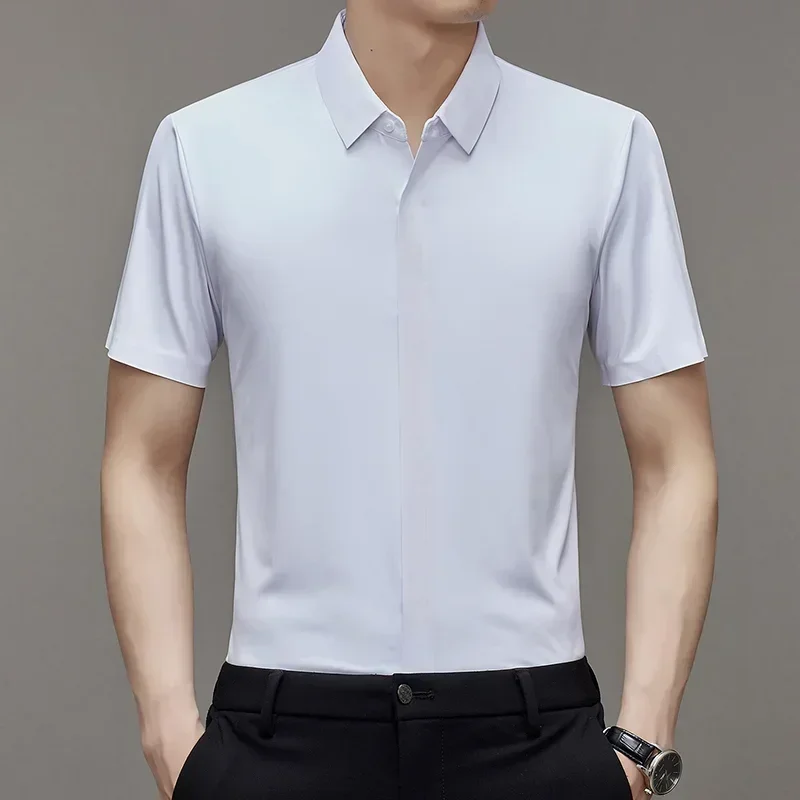 Chemises habillées en soie de mûrier pour hommes d'affaires, haut de gamme, boutons résistants aux rides, hauts élastiques invisibles, vêtements luxueux de qualité masculine