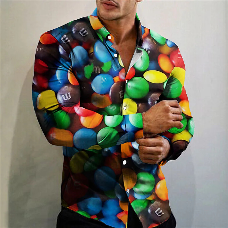 Chemise à manches longues à motif alimentaire pour hommes, revers imprimé, vêtements de rue décontractés, mode de créateur de rue, vêtements d'extérieur roses
