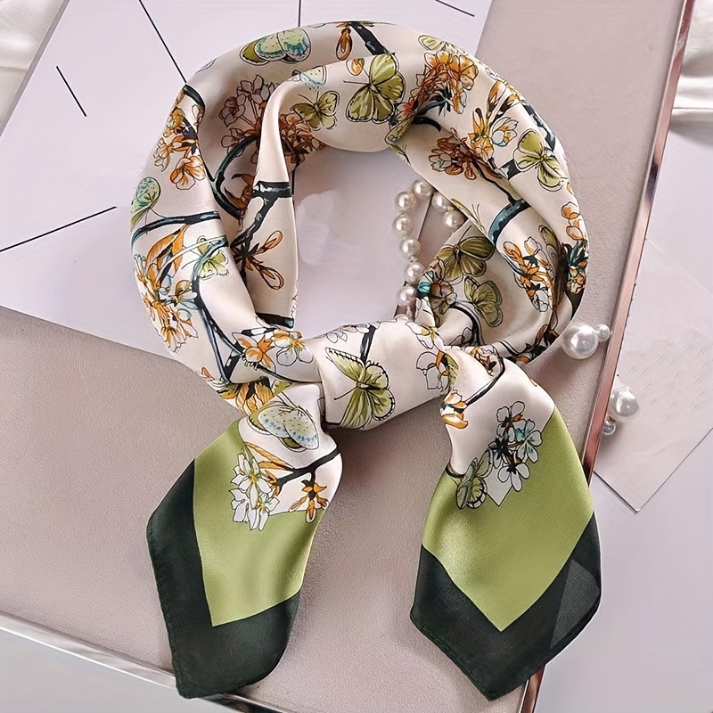 Foulard carré de luxe imprimé plante verte papillon, Style élégant, foulard fin et soyeux, foulard de protection solaire pour l'extérieur, printemps et été