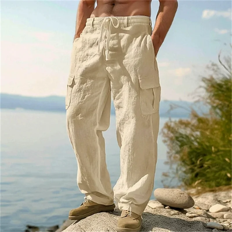 Pantalon décontracté pour homme, pantalon cargo ample et confortable, pantalon homme en coton et lin, pantalon droit multi-poches, pantalon fin de plage pour homme
