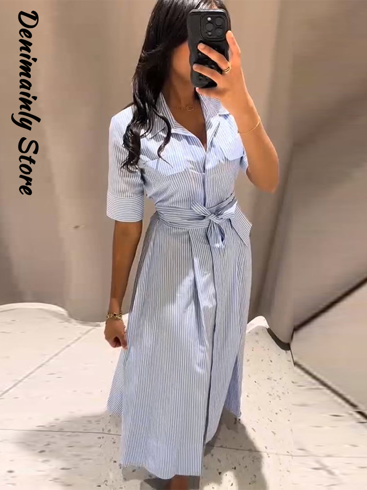 Robe longue décontractée à rayures pour femmes, style ceinture rabattable, simple boutonnage, mode d'été, tenue de bureau pour dames, 2025